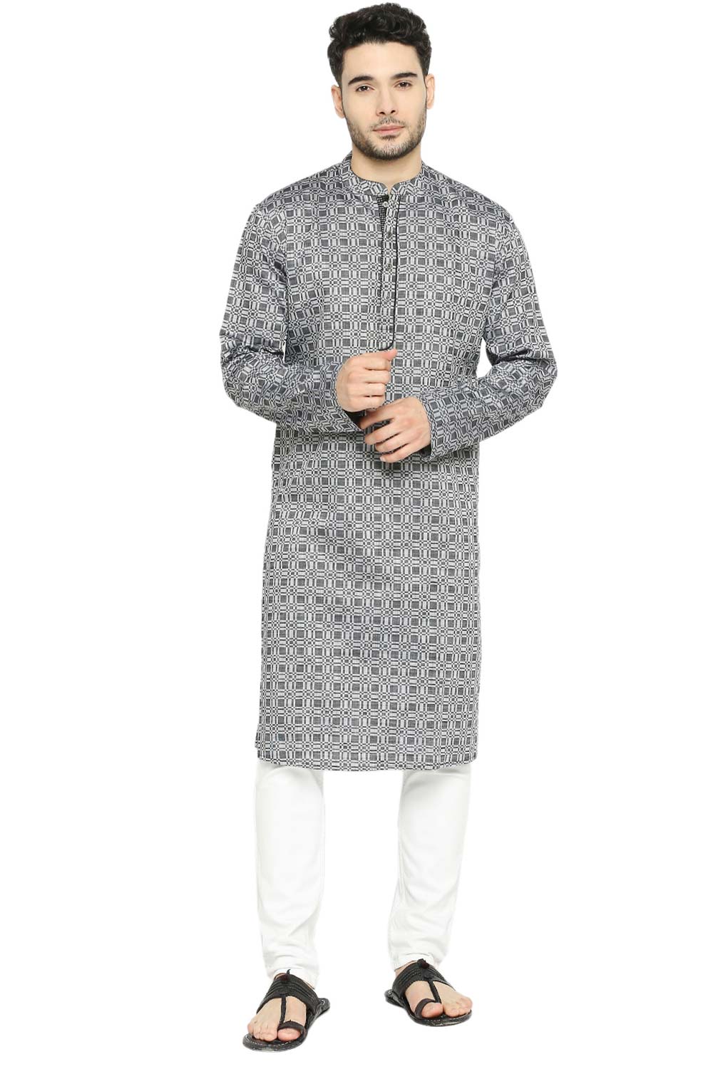 Men's Black Cotton Mandarin Collar Long Kurta