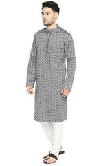 Men's Black Cotton Mandarin Collar Long Kurta