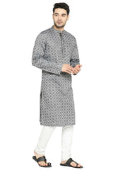 Men's Black Cotton Mandarin Collar Long Kurta