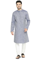 Men's Blue Cotton Mandarin Collar Long Kurta