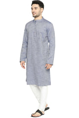 Men's Blue Cotton Mandarin Collar Long Kurta