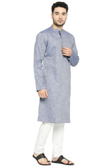 Men's Blue Cotton Mandarin Collar Long Kurta