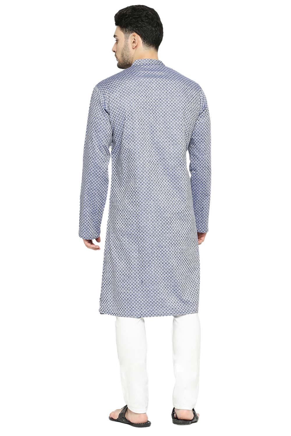 Men's Blue Cotton Mandarin Collar Long Kurta