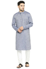 Men's Blue Cotton Mandarin Collar Long Kurta