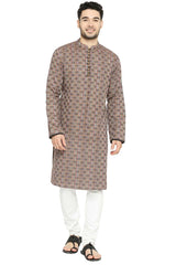 Men's Brown Cotton Mandarin Collar Long Kurta