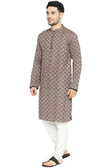 Men's Brown Cotton Mandarin Collar Long Kurta