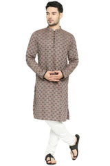 Men's Brown Cotton Mandarin Collar Long Kurta