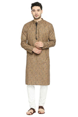 Men's Brown Poly Cotton Mandarin Collar Long Kurta