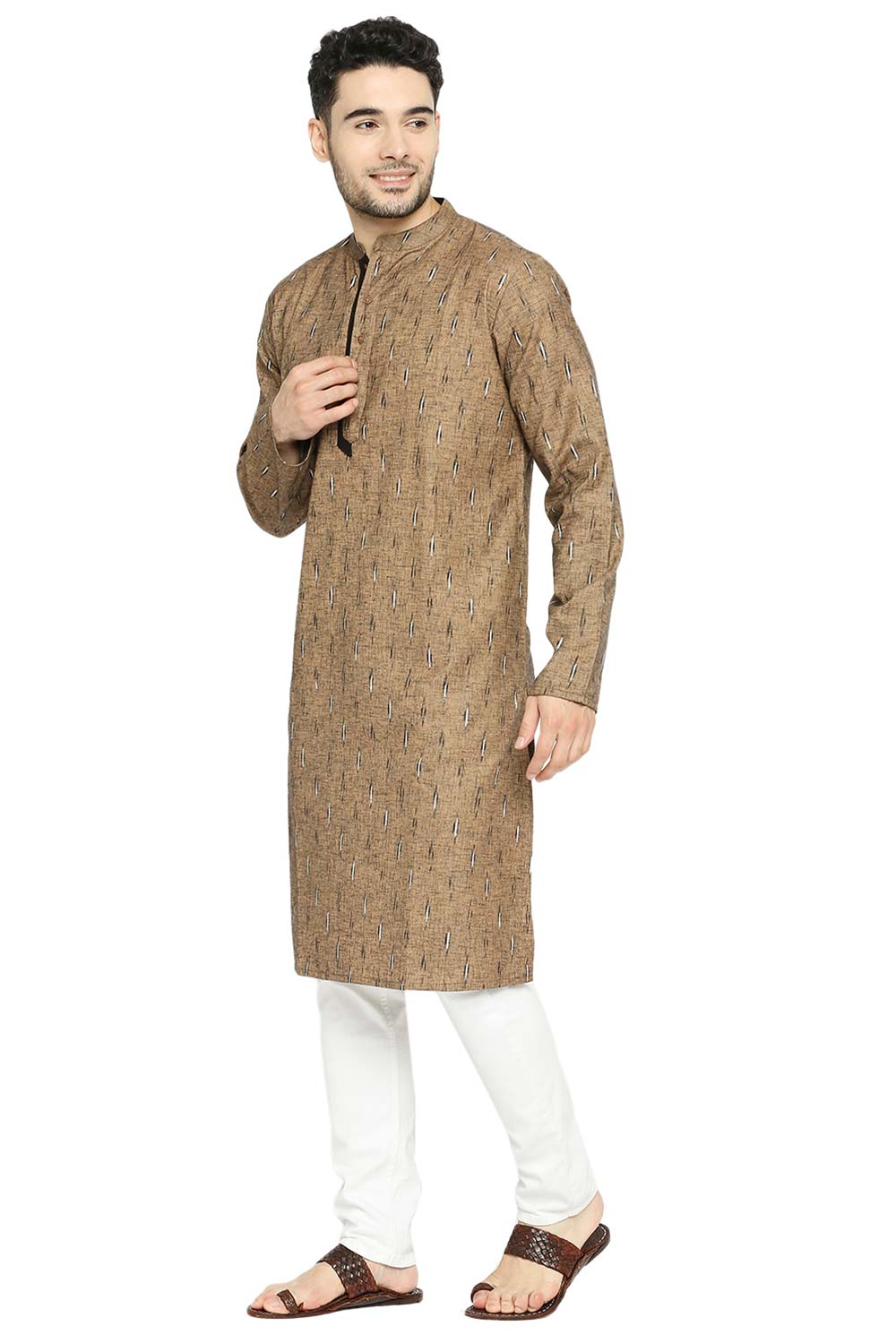 Men's Brown Poly Cotton Mandarin Collar Long Kurta