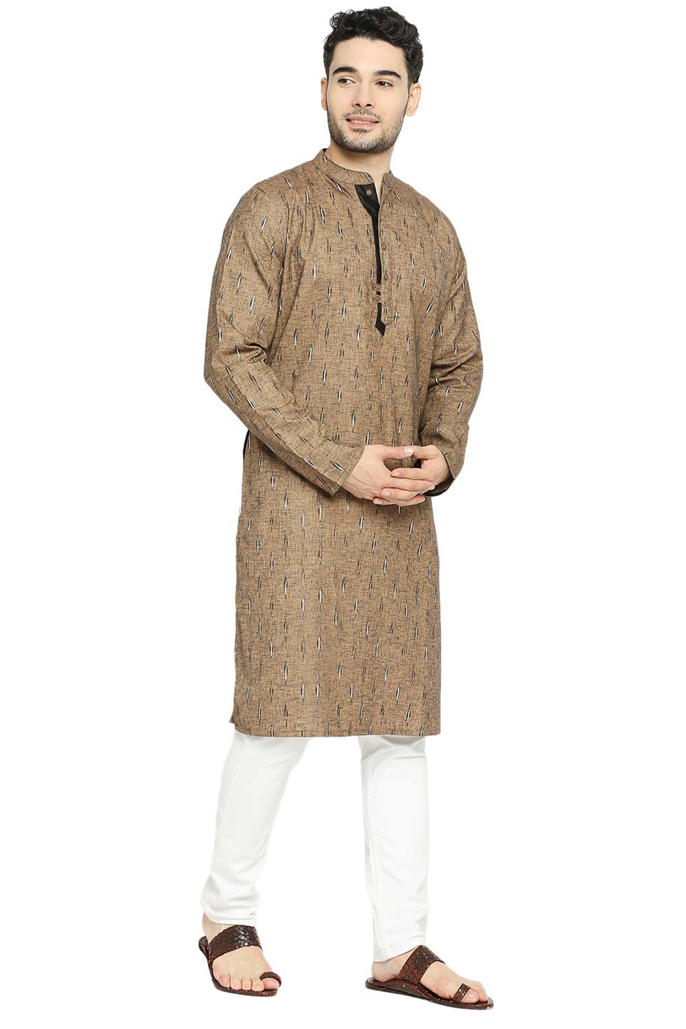 Men's Brown Poly Cotton Mandarin Collar Long Kurta