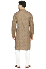 Men's Brown Poly Cotton Mandarin Collar Long Kurta