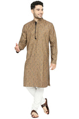 Men's Brown Poly Cotton Mandarin Collar Long Kurta