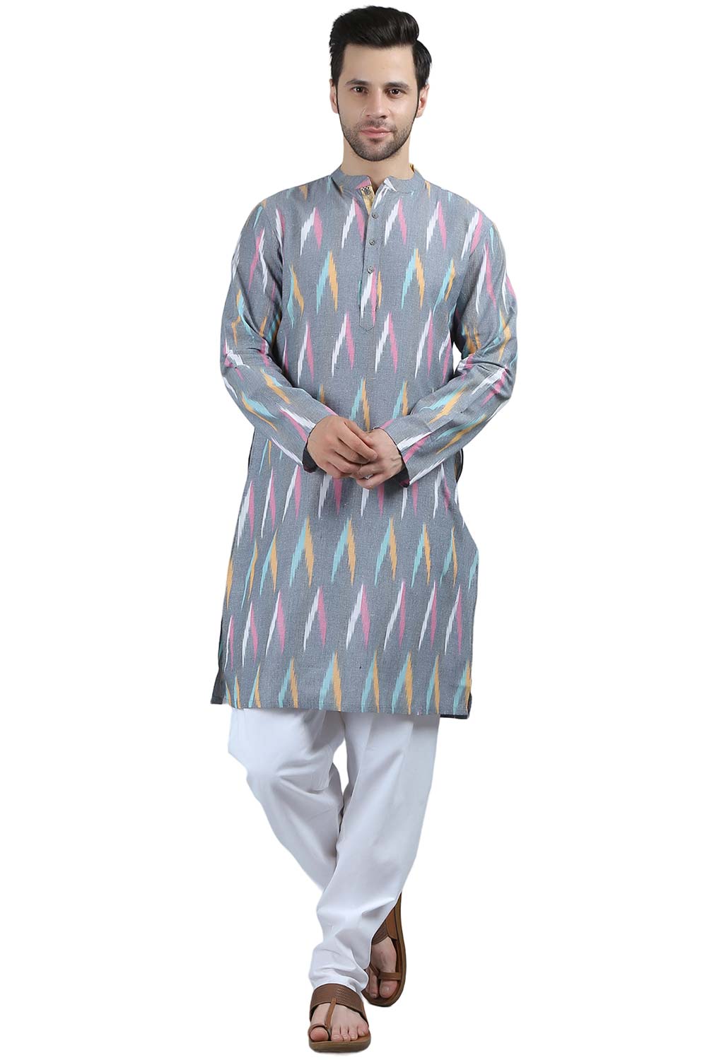 Men's Grey Cotton Mandarin Collar Long Kurta