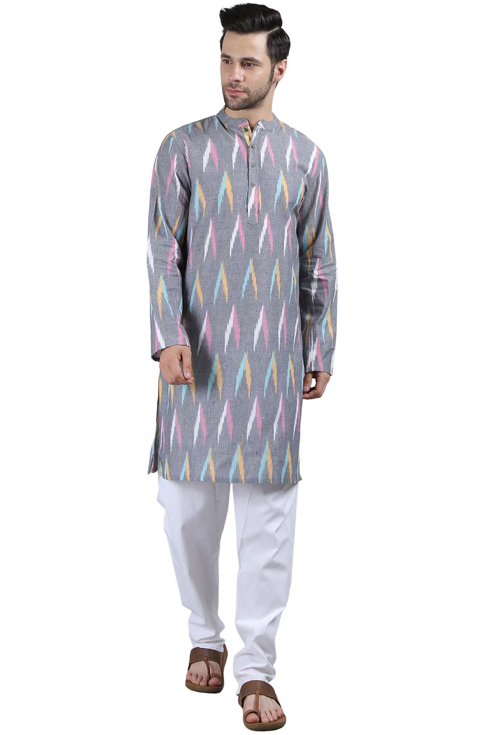 Men's Grey Cotton Mandarin Collar Long Kurta