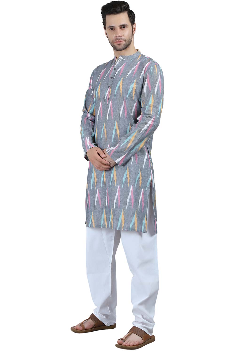 Men's Grey Cotton Mandarin Collar Long Kurta