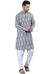 Men's Grey Cotton Mandarin Collar Long Kurta