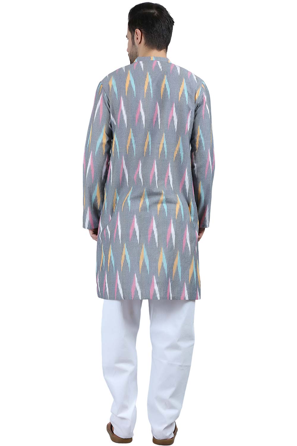 Men's Grey Cotton Mandarin Collar Long Kurta