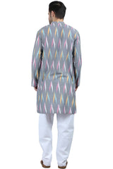 Men's Grey Cotton Mandarin Collar Long Kurta