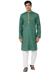 Men's Green Poly Cotton Mandarin Collar Long Kurta