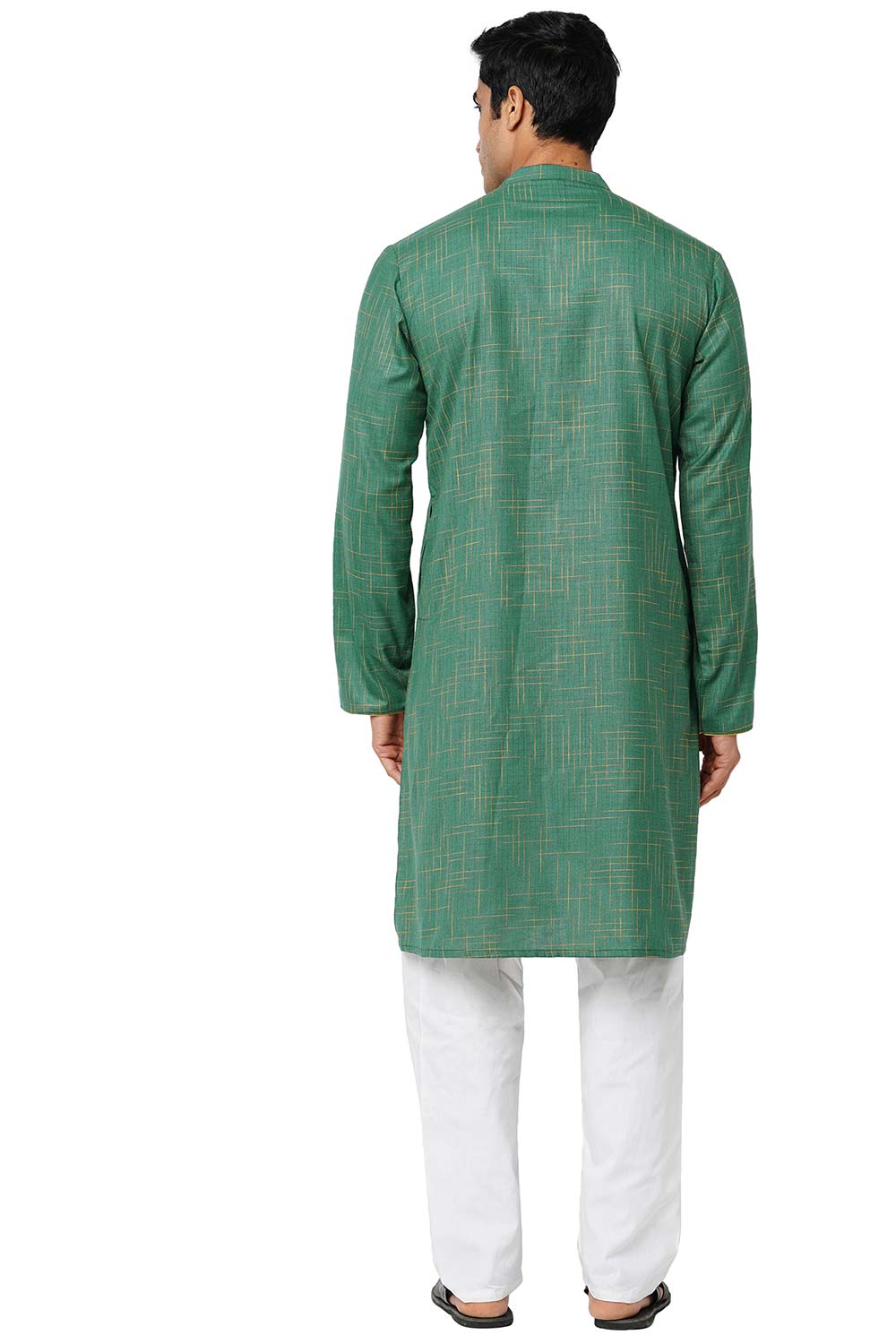 Men's Green Poly Cotton Mandarin Collar Long Kurta