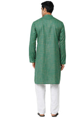 Men's Green Poly Cotton Mandarin Collar Long Kurta