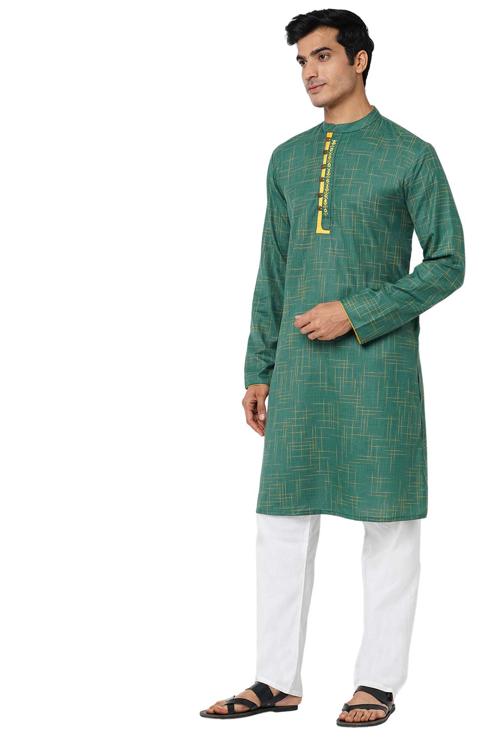 Men's Green Poly Cotton Mandarin Collar Long Kurta