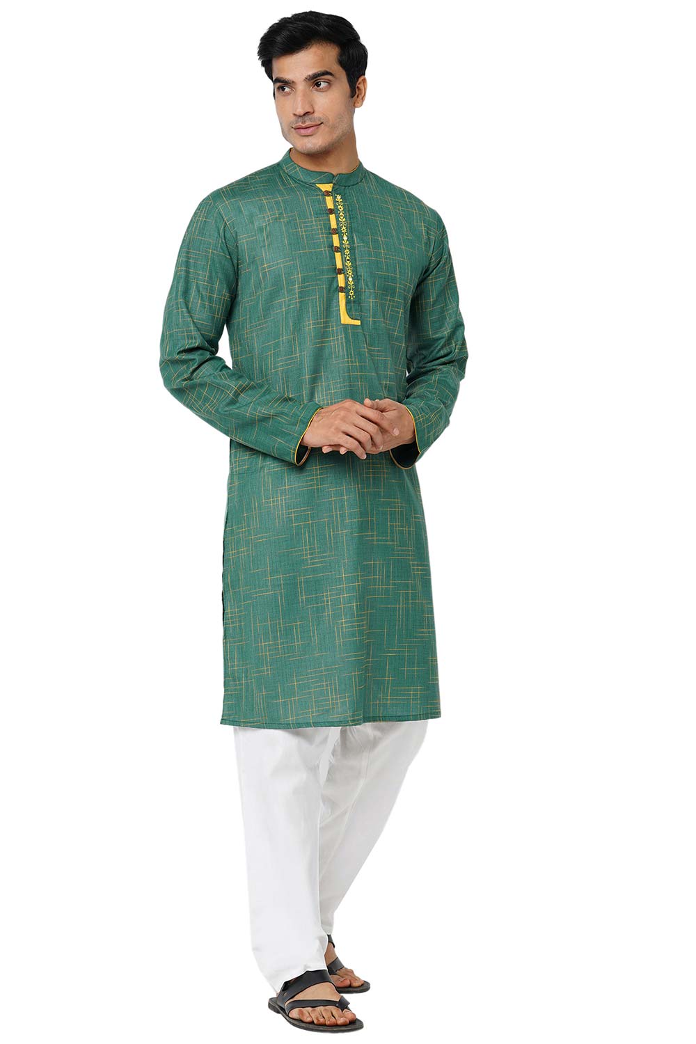 Men's Green Poly Cotton Mandarin Collar Long Kurta