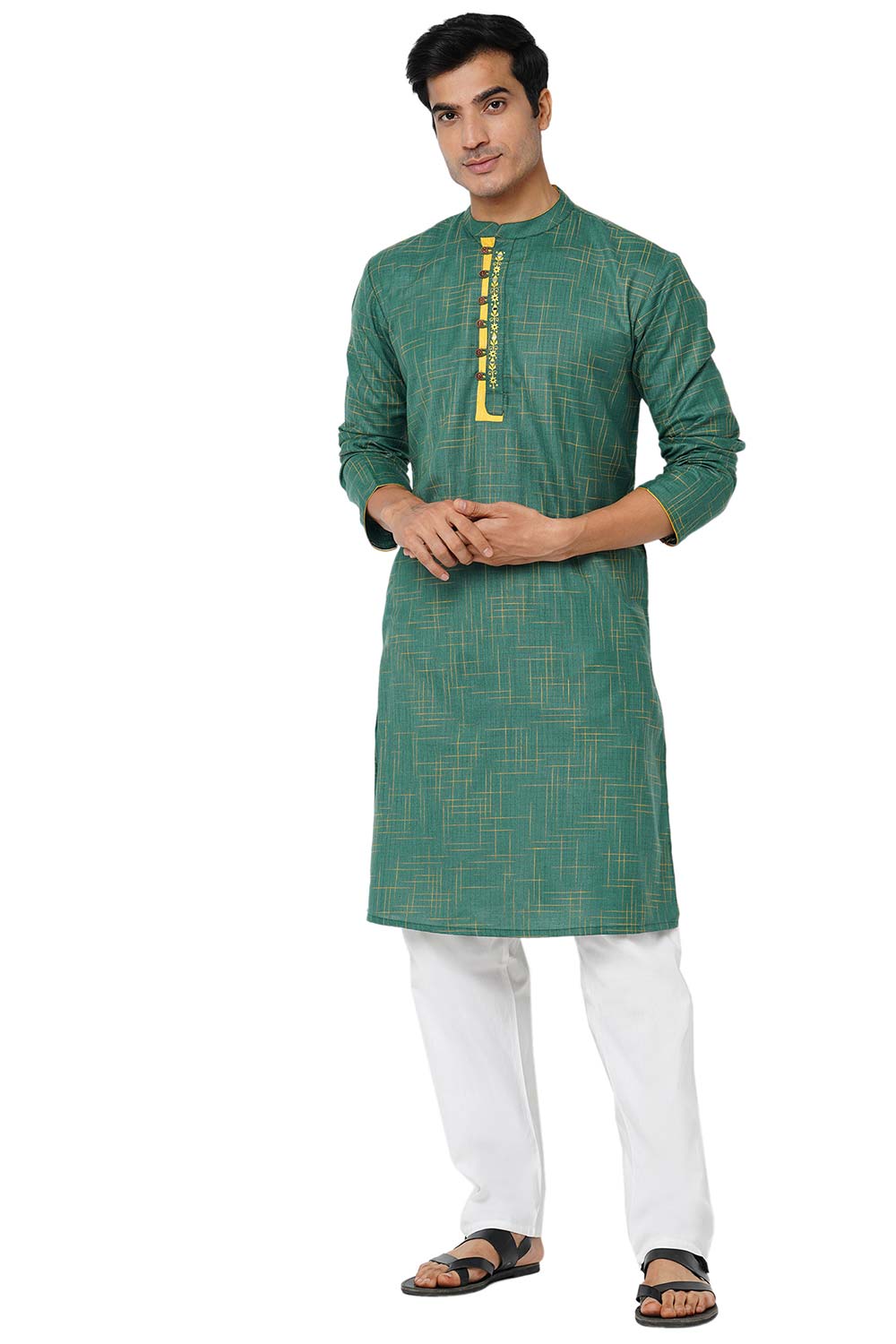 Men's Green Poly Cotton Mandarin Collar Long Kurta