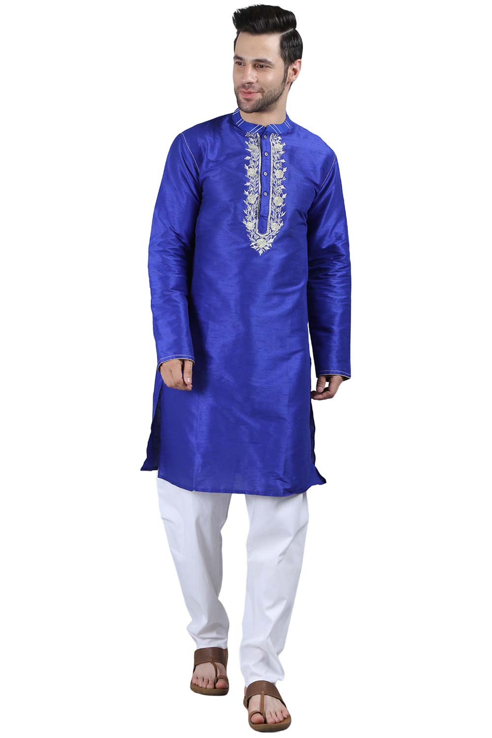 Men's Royal Blue Poly Cotton Mandarin Collar Long Kurta