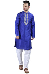 Men's Royal Blue Poly Cotton Mandarin Collar Long Kurta