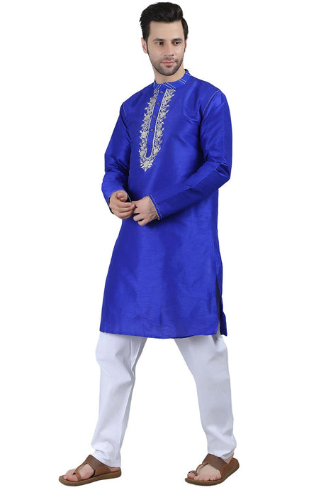 Men's Royal Blue Poly Cotton Mandarin Collar Long Kurta