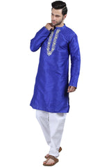 Men's Royal Blue Poly Cotton Mandarin Collar Long Kurta