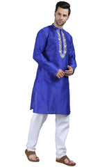 Men's Royal Blue Poly Cotton Mandarin Collar Long Kurta