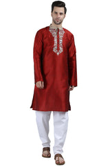 Men's Red Poly Cotton Mandarin Collar Long Kurta