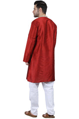 Men's Red Poly Cotton Mandarin Collar Long Kurta