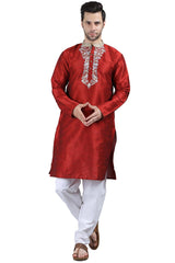 Men's Red Poly Cotton Mandarin Collar Long Kurta