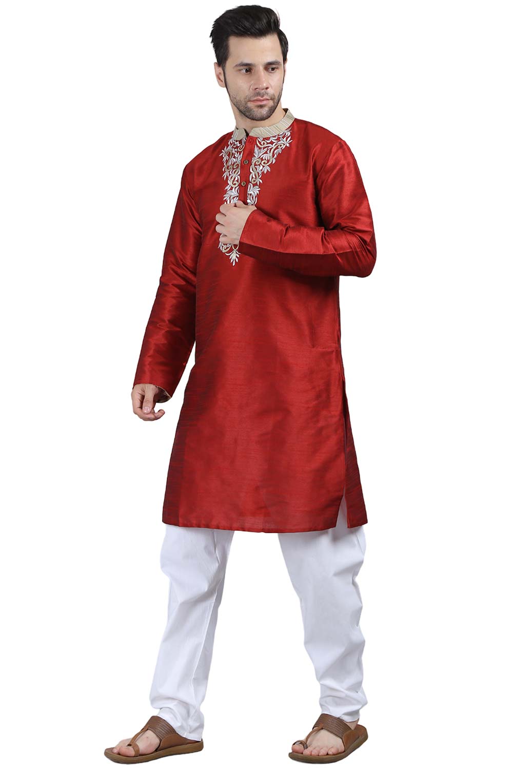 Men's Red Poly Cotton Mandarin Collar Long Kurta