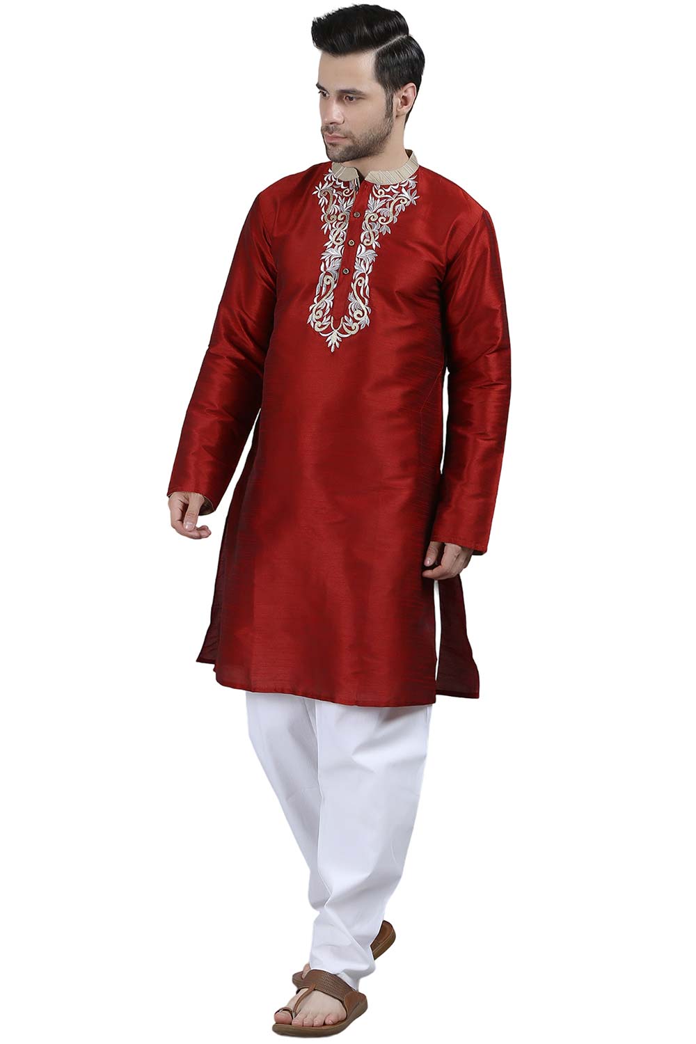 Men's Red Poly Cotton Mandarin Collar Long Kurta