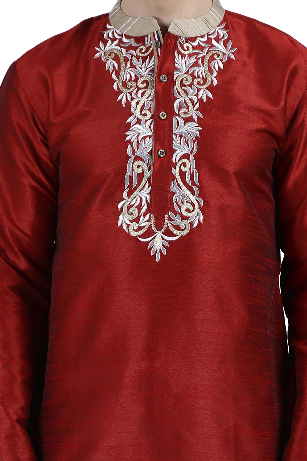 Men's Red Poly Cotton Mandarin Collar Long Kurta