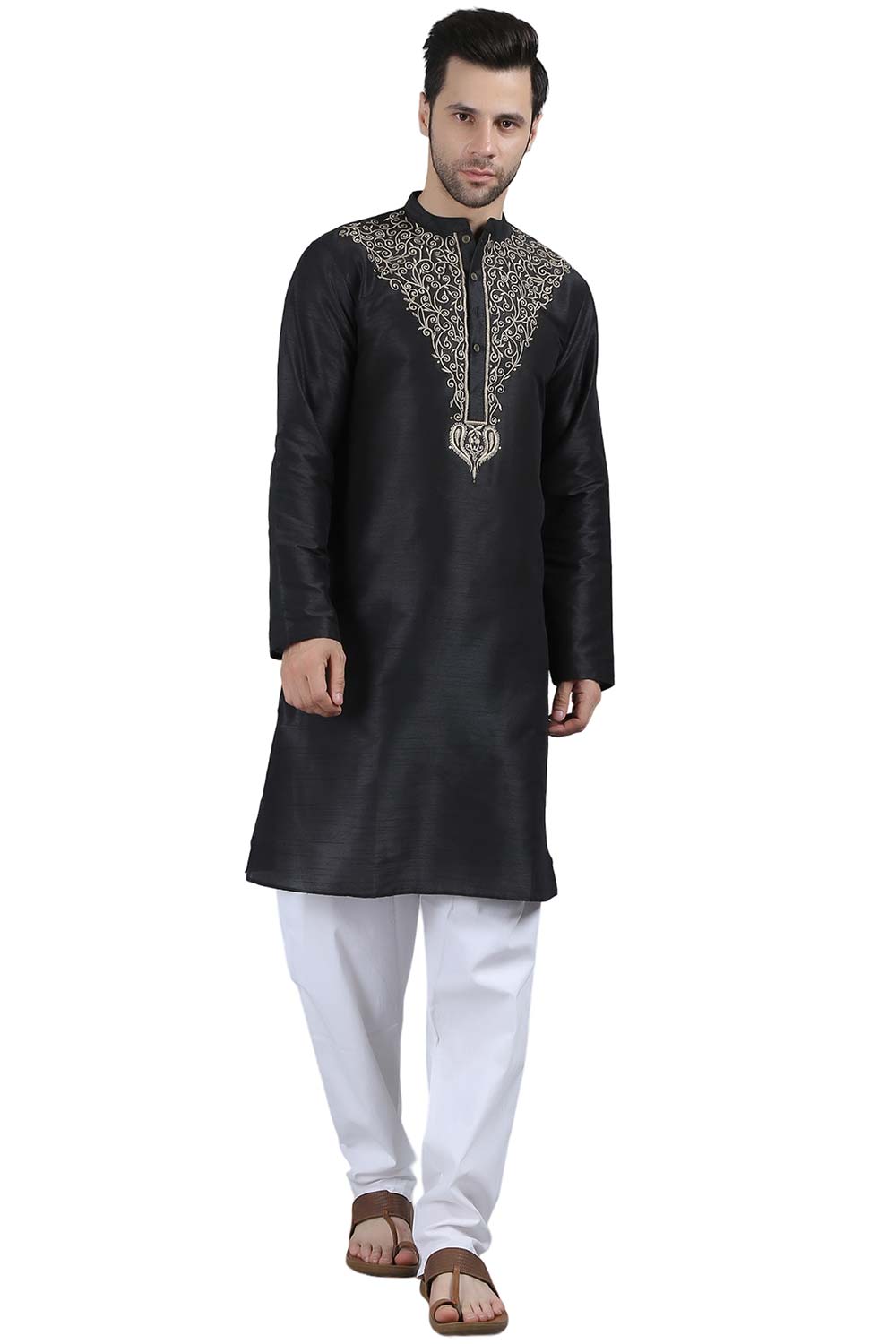 Men's Black Cotton Mandarin Collar Long Kurta