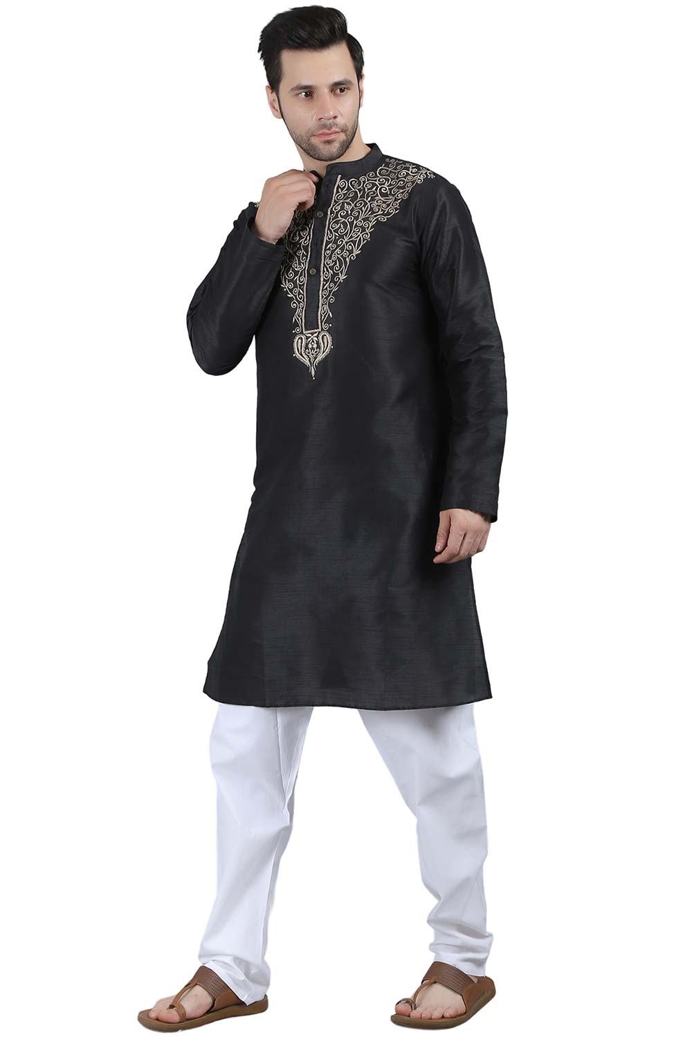 Men's Black Cotton Mandarin Collar Long Kurta