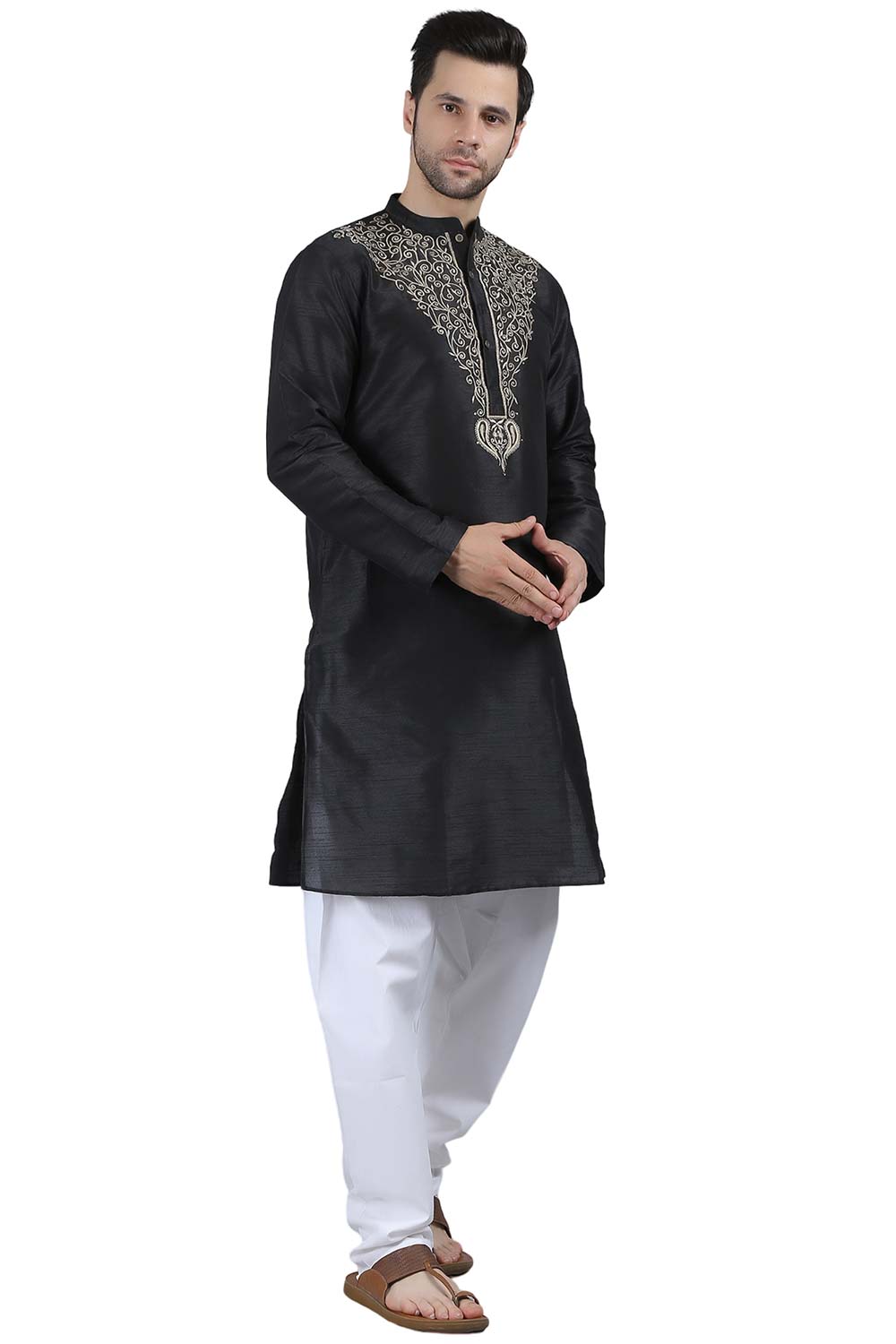 Men's Black Cotton Mandarin Collar Long Kurta