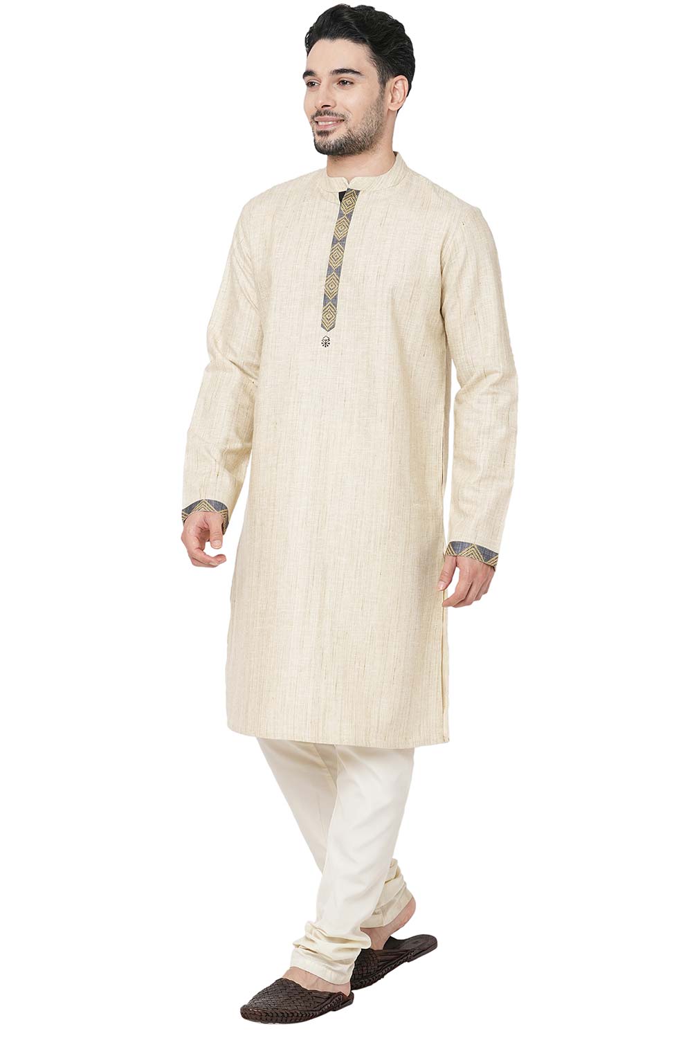 Men's Beige Poly Cotton Mandarin Collar Long Kurta