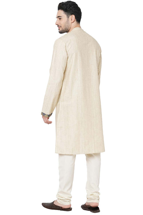 Men's Beige Poly Cotton Mandarin Collar Long Kurta