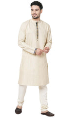 Men's Beige Poly Cotton Mandarin Collar Long Kurta