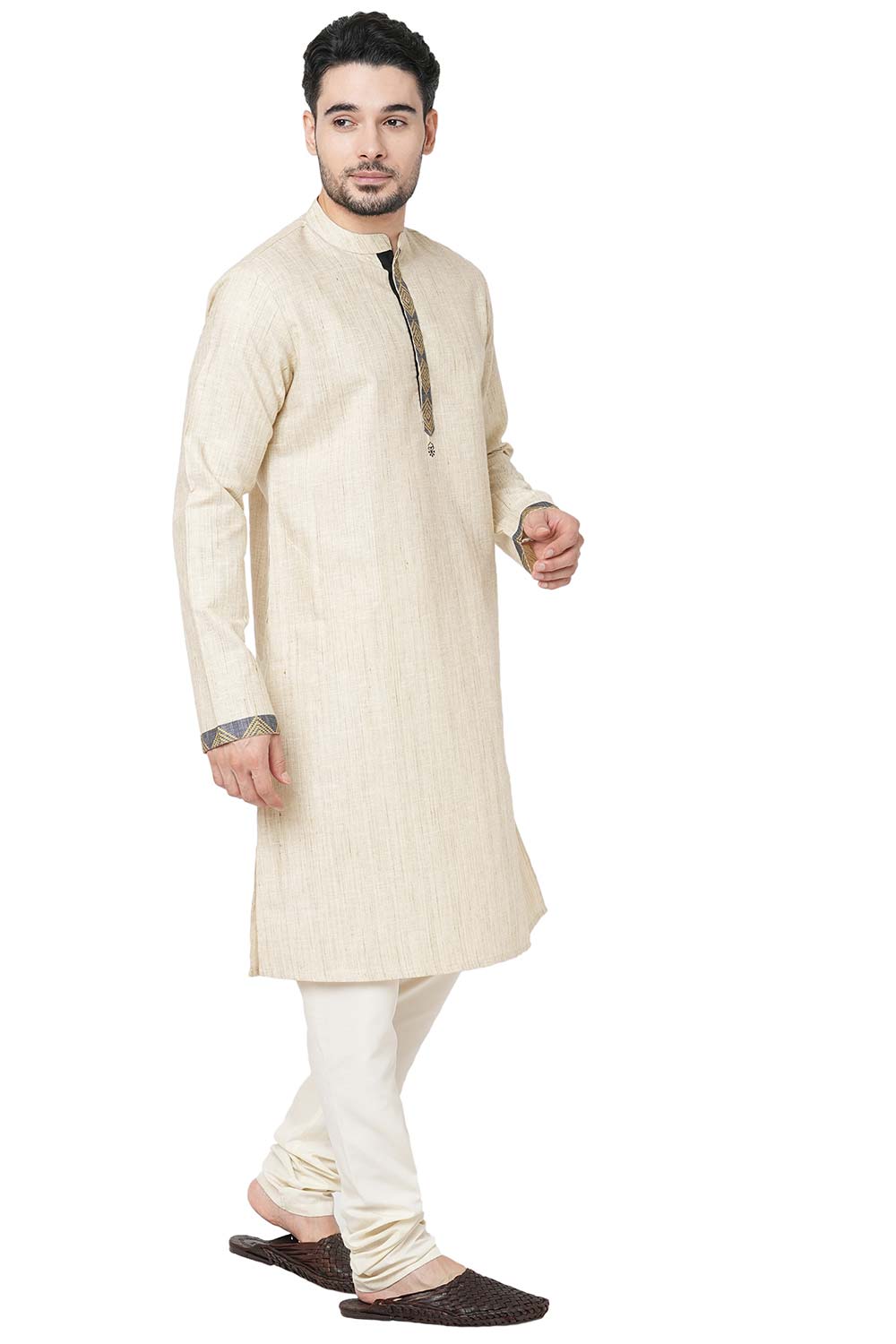 Men's Beige Poly Cotton Mandarin Collar Long Kurta