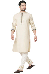 Men's Beige Poly Cotton Mandarin Collar Long Kurta