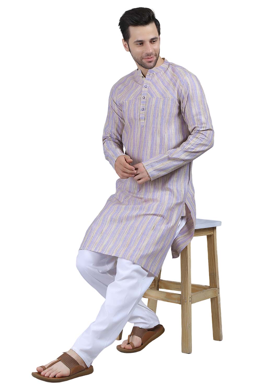 Men's Lilac Poly Cotton Mandarin Collar Long Kurta