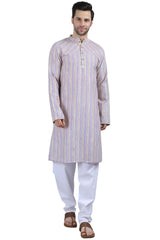 Men's Lilac Poly Cotton Mandarin Collar Long Kurta