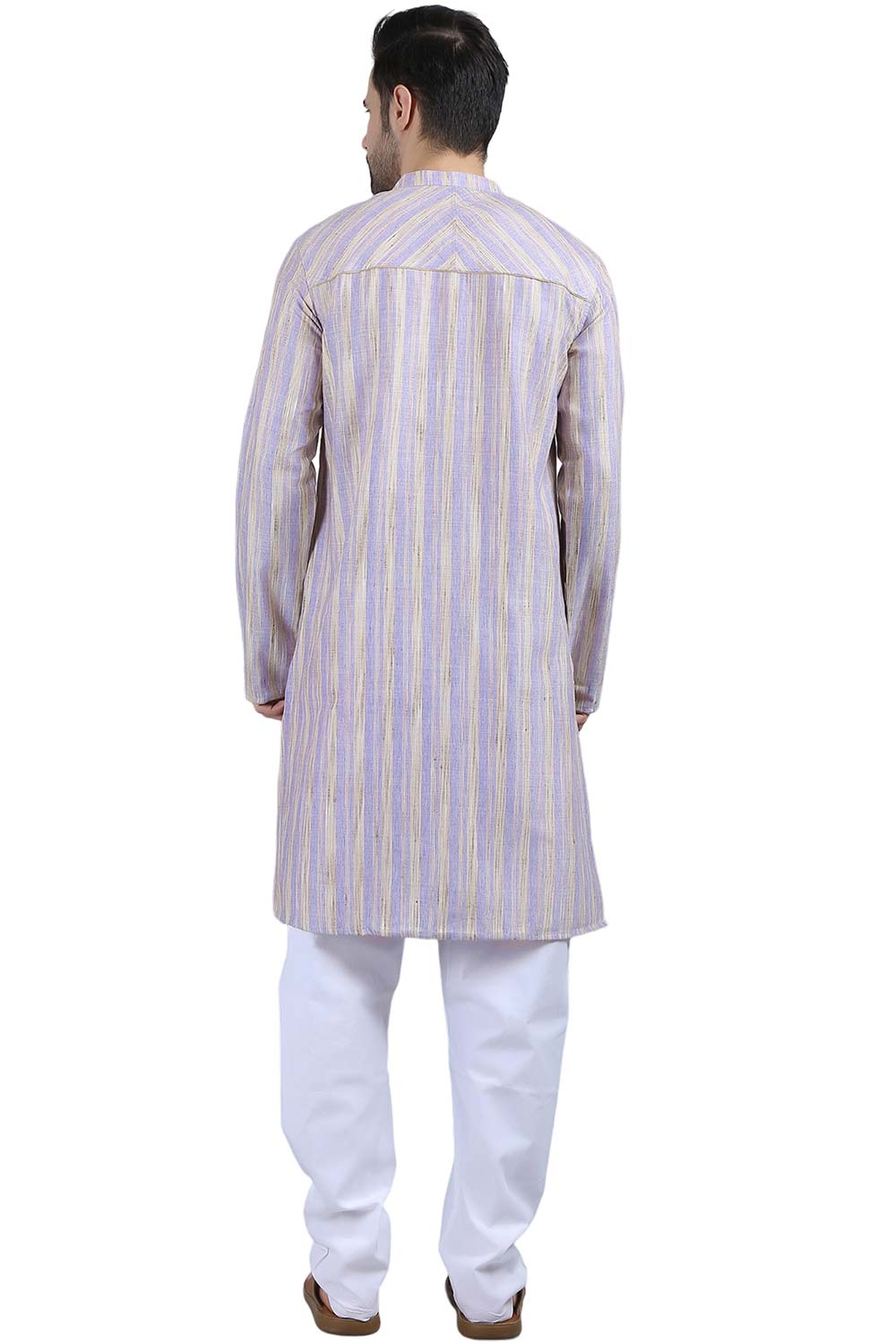 Men's Lilac Poly Cotton Mandarin Collar Long Kurta